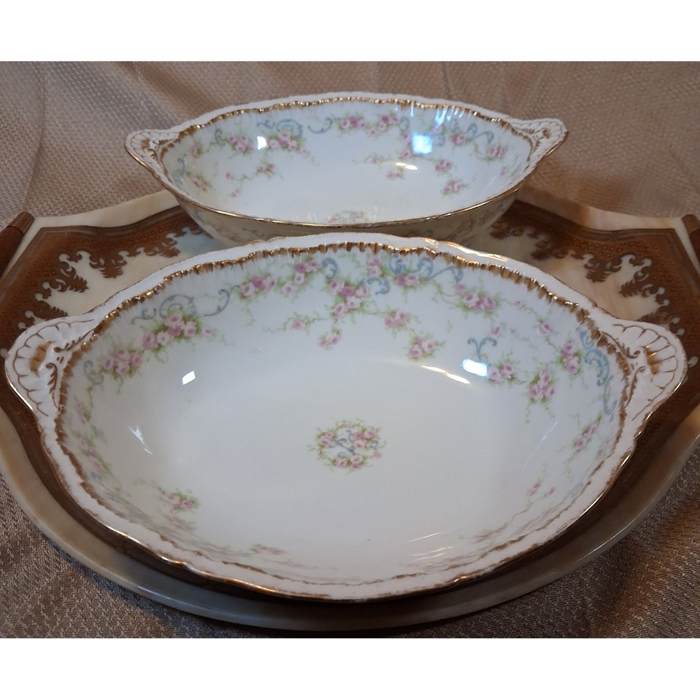 Theodore Haviland Limoges France Pink Floral Gold Trim Oval Serving Bowls Set 2